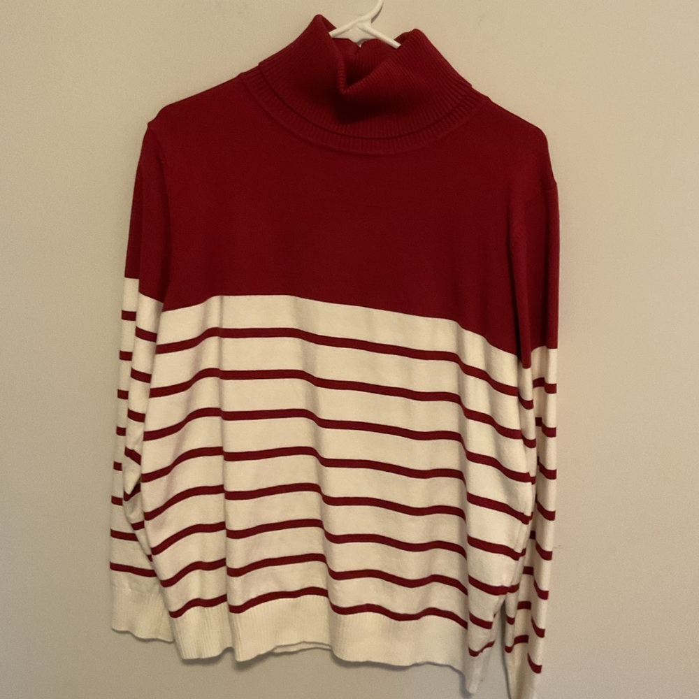 Chic Striped Turtleneck Sweater in Burgundy and Cream